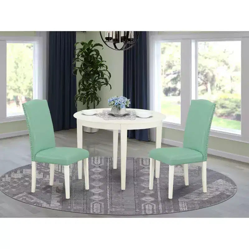 Rundes 3-tlg. Esszimmerset im französischen Landhausstil: Küchentisch & Stühle, Beine in Leinenweiß, Sitzfläche aus teichfarbenem Kunstleder