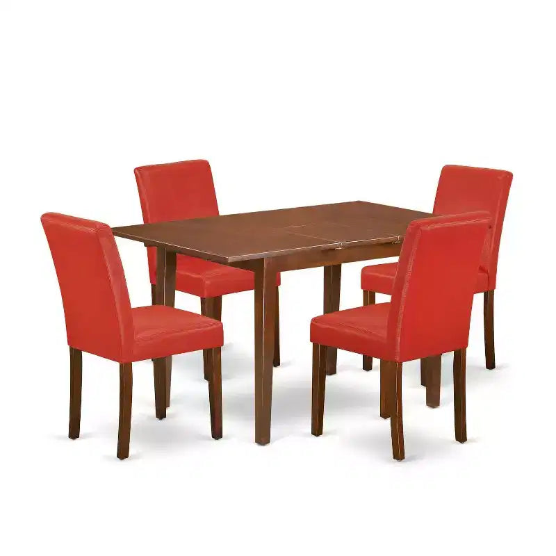 Coastal Kitchen Table Set - 5Pc Rectangle Dining Table w/ Leaf & 4 Chairs - Firebrick Red