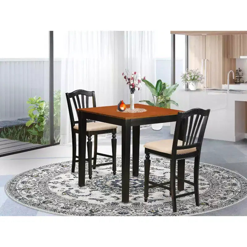 Essgruppe in Thekenhöhe – 3-teiliges Pub-Tisch- & Stuhl-Set – Küchenset – 91x91 cm – Ausführung in Schwarzkirsche