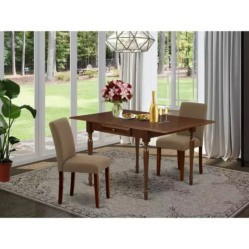 HomeStock 3-tlg. Essgruppe, Tisch mit Mahagoni-Finish und Massivholzplatte sowie Klappseiten – für 2 Personen