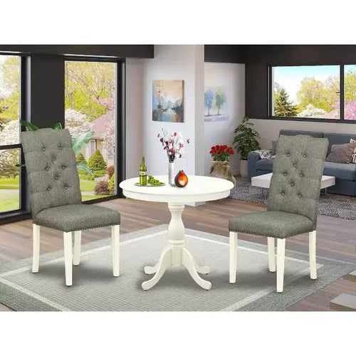 3-teiliges Esszimmer-Set, weißes Leinen-Finish, Massivholztischplatte – runder Tisch mit Knopfheftung – für 4 Personen