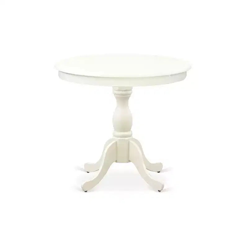 3-teiliges Esszimmer-Set, weißes Leinen-Finish, Massivholztischplatte – runder Tisch mit Knopfheftung – für 4 Personen