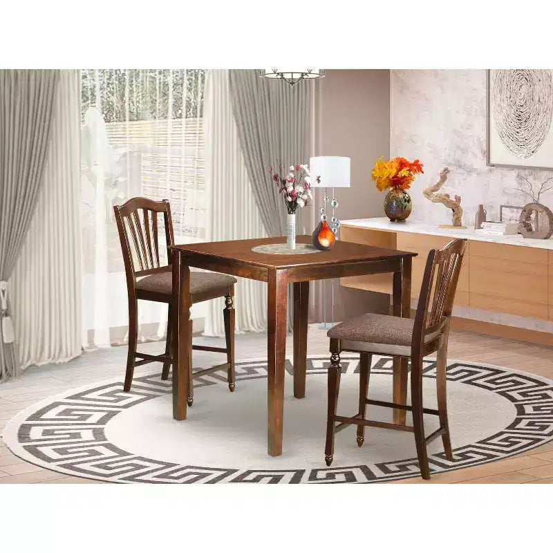 Essgruppe in Thekenhöhe – 3-teiliges Set aus Tisch und Stühlen – Stehtisch mit Leinenpolsterung – 91 x 91 cm Mahagoni