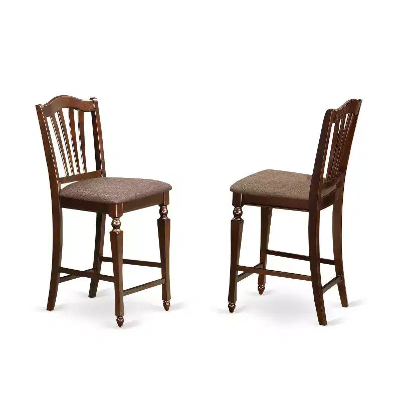 Essgruppe in Thekenhöhe – 3-teiliges Set aus Tisch und Stühlen – Stehtisch mit Leinenpolsterung – 91 x 91 cm Mahagoni