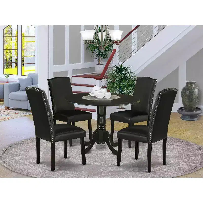Rundes Esszimmertisch-Set, 5-tlg., 42" Tisch mit Klappplatten & 4 Parsons-Stühlen - Schwarzes PU-Leder