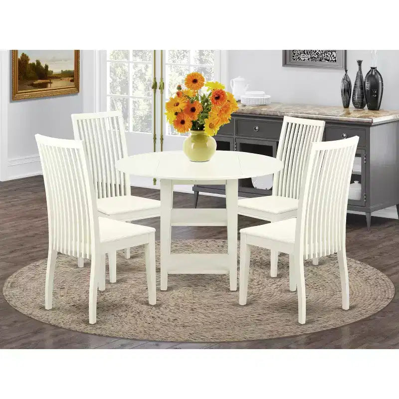 HomeStock 5-tlg. Essgruppe, rund, Tischplatte aus Massivholz, Finish in Leinenweiß – für 4 Personen