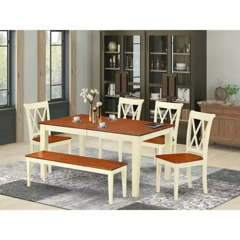 HomeStock 6-teiliges Esszimmerset mit rechteckigem Tisch in Buttermilch- und Kirschbaum-Optik, Massivholzplatte, 1 Bank und 4 Stühlen mit Kreuzrückenlehne