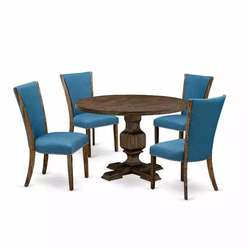 HomeStock 5-Piece Round Distressed Jacobean Finish Solid Wood Top Dining Table with 4 Parson Chair