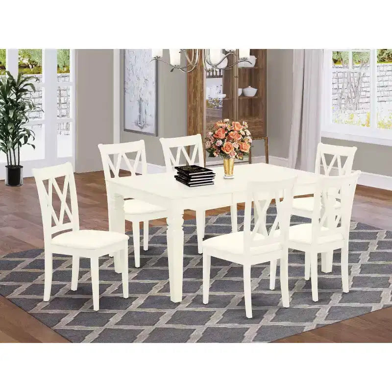 HomeStock 7-teiliges rechteckiges Esszimmerset mit Buttermilch- und Kirschbaum-Finish, Massivholzplatte, 6 Stühlen und Schmetterlingsauszug, mit Kreuzrückenlehne