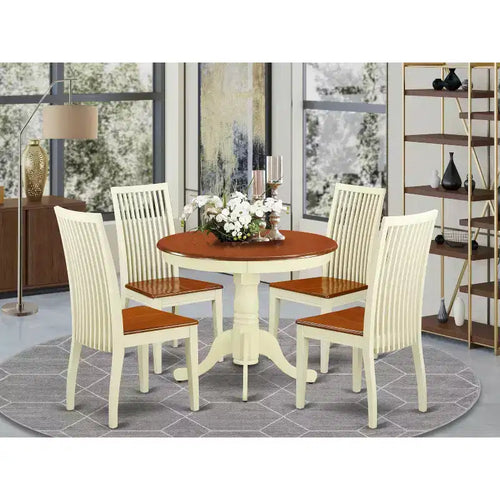5-teiliges Esszimmer-Set – Küchentisch & 4 Stühle – runder Säulentisch – Oberfläche in Buttermilch-Kirschholz