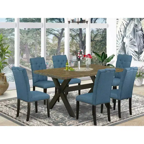 7-teiliges Esszimmerset mit Tischplatte aus Massivholz in rustikaler Jakobiner-Optik und 6 Stühlen mit