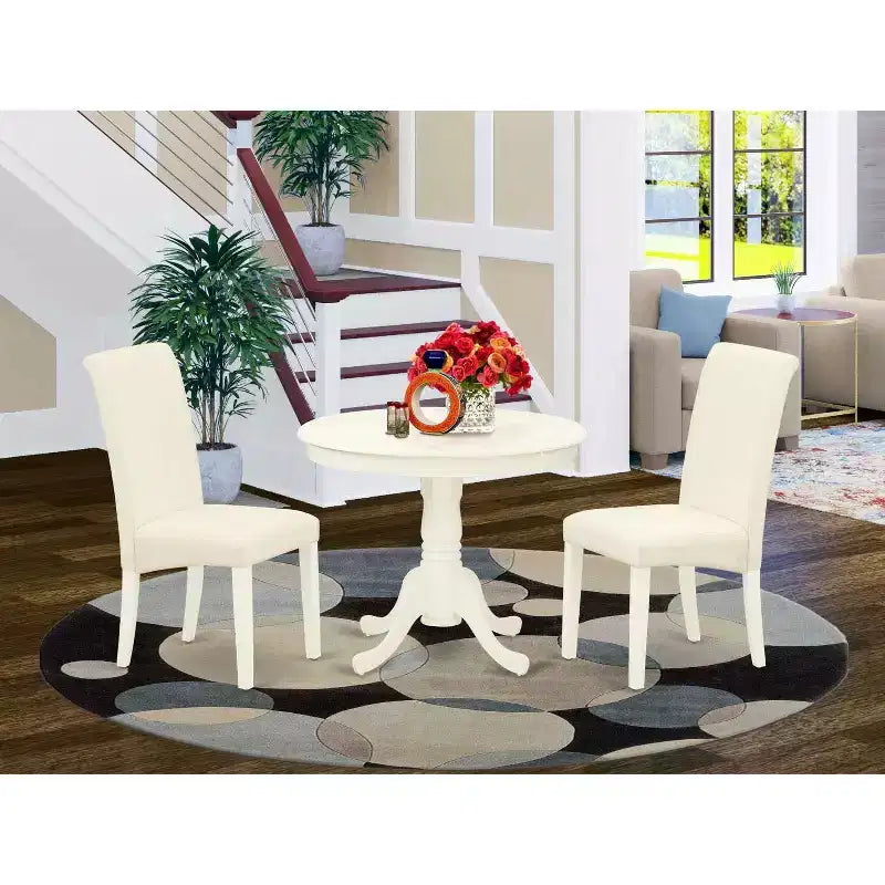 HomeStock 3-teiliges Esszimmer-Set, rund, Oberfläche in Leinenweiß, Tischplatte aus Massivholz, für 4 Personen