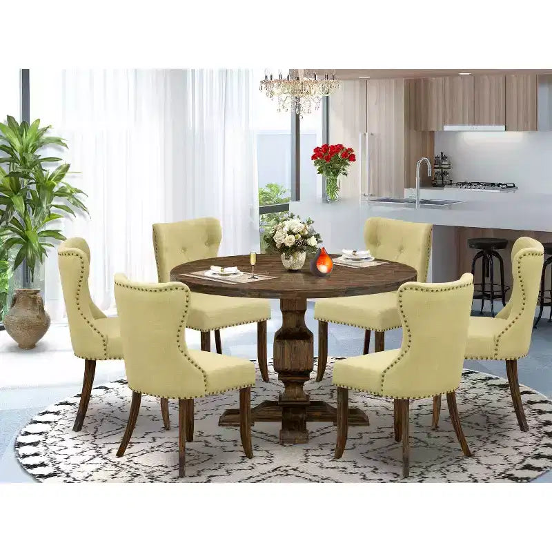 HomeStock 7-teiliges Esszimmerset mit Tischplatte aus Massivholz in distressed jakobinischem Finish und 6 Parson-Stühlen