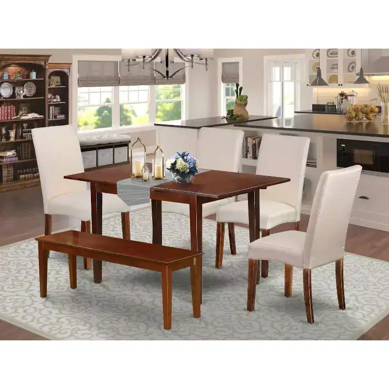 Rustikales Esszimmer-Set, 6-teilig – Küchentisch mit Einlegeplatte & 4 Leinenstühlen, Bank – 81x152 cm