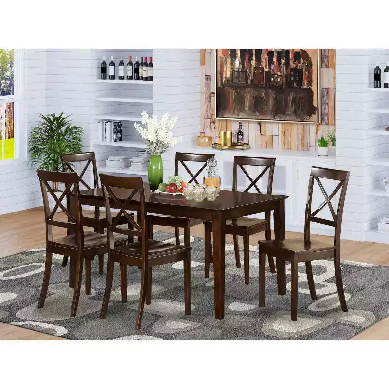 HomeStock 7-teiliges rechteckiges Esszimmertisch-Set mit Cappuccino-Finish, Massivholzplatte und 6 Esszimmerstühlen mit Kreuzlehne und Holzsitz, für 6 Personen