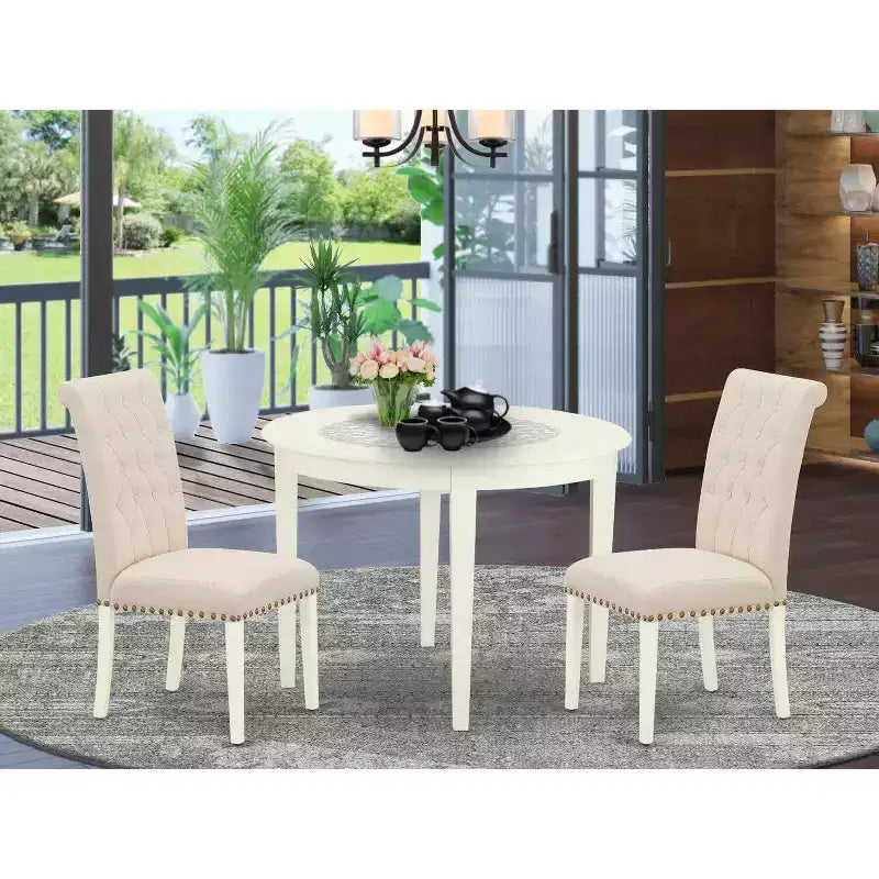 HomeStock 3-teiliges Esszimmertisch-Set mit runder Massivholzplatte in Weiß