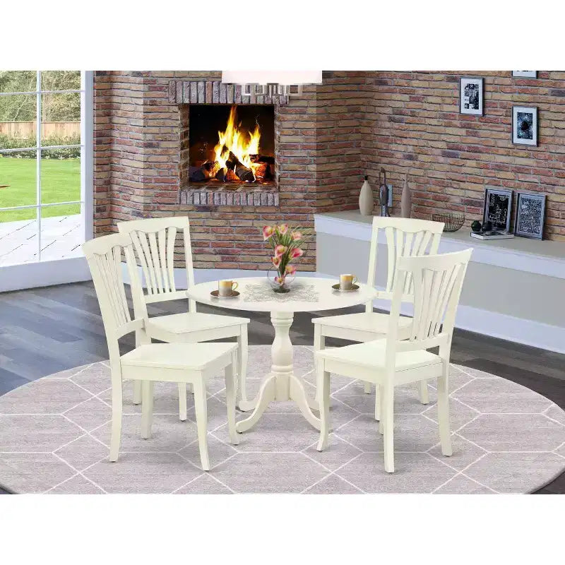 HomeStock 5-tlg. Essgruppe, Tisch mit Massivholzplatte in Leinenweiß-Finish und 4 Stühlen mit Klapp-Tischplatte und Lattenrückenlehne