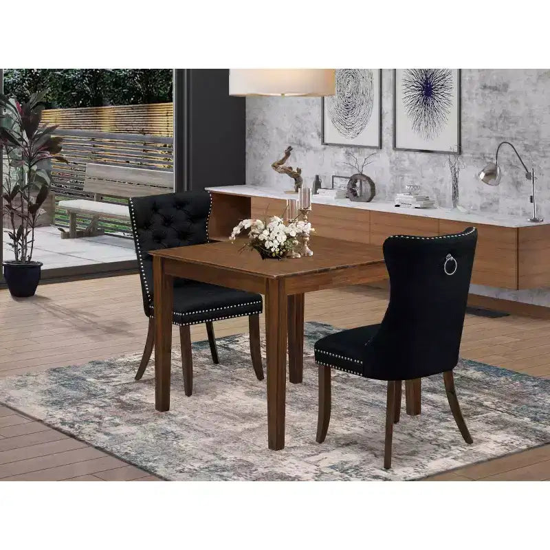 3-teiliges Esszimmertisch-Set mit quadratischer Massivholzplatte in antikem Walnuss-Finish für kleine Räume
