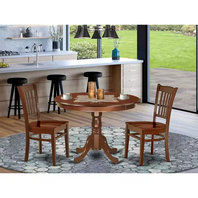 Gotisches Küchentisch-Set – 3-teiliges Glamour-Esszimmer-Set mit Stühlen – 42-Zoll-Rundtisch – Elegantes Holzdesign