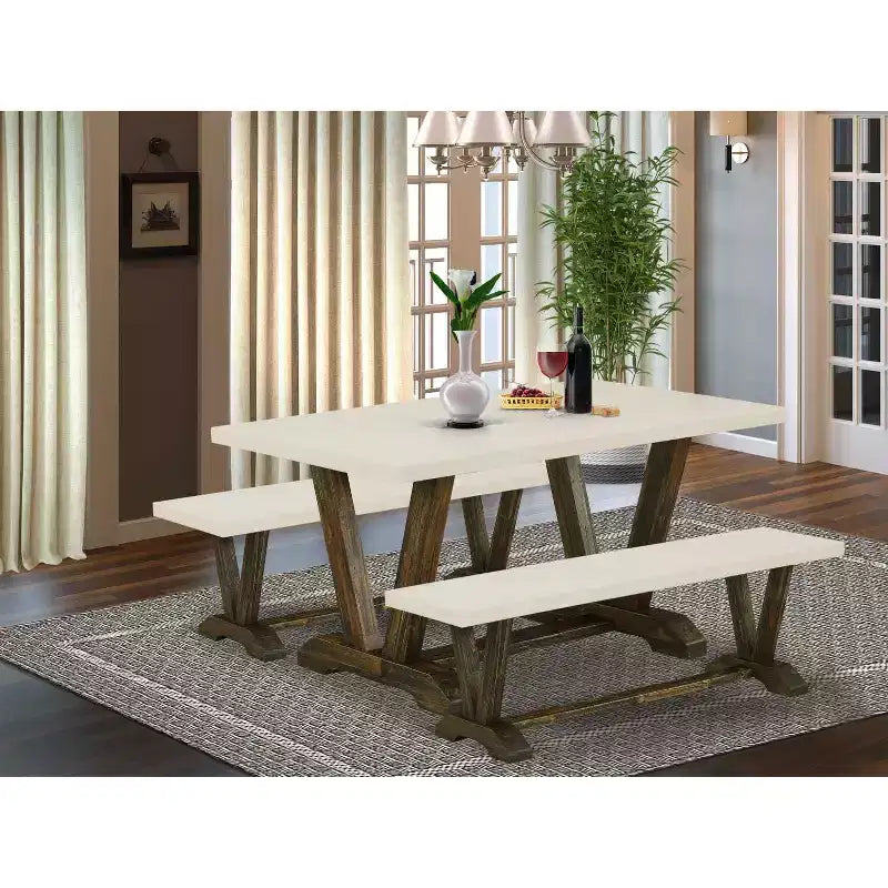 HomeStock 3-teiliges Esszimmertisch-Set mit rechteckiger Tischplatte aus Massivholz in Antik-Optik (Jacobean-Finish) und zwei Bänken