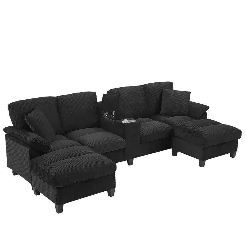 Polibi U-förmiges Cord-Ecksofa mit verstecktem Stauraum in den Hockern, USB-Konsole & Getränkehaltern