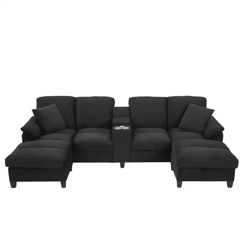 Polibi U-förmiges Cord-Ecksofa mit verstecktem Stauraum in den Hockern, USB-Konsole & Getränkehaltern
