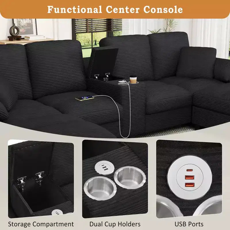 Polibi U-förmiges Cord-Ecksofa mit verstecktem Stauraum in den Hockern, USB-Konsole & Getränkehaltern