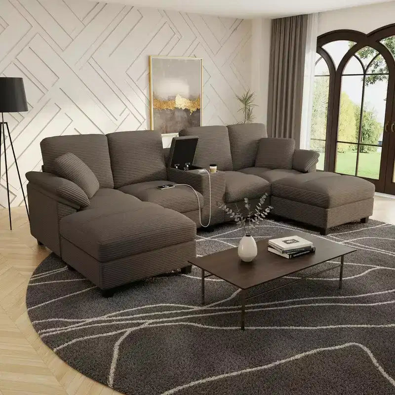 Polibi U-förmiges Cord-Ecksofa mit verstecktem Stauraum in den Hockern, USB-Konsole & Getränkehaltern