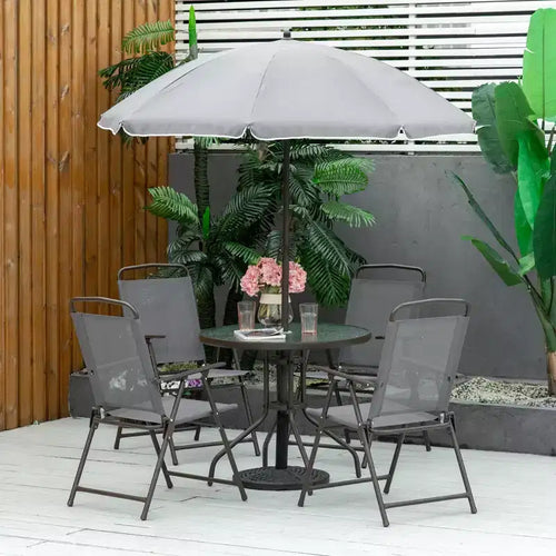 6-teiliges Terrassen-Essgruppen-Set für 4 Personen mit Sonnenschirm, inklusive 4 Klappstühlen & rundem Glastisch für den Garten