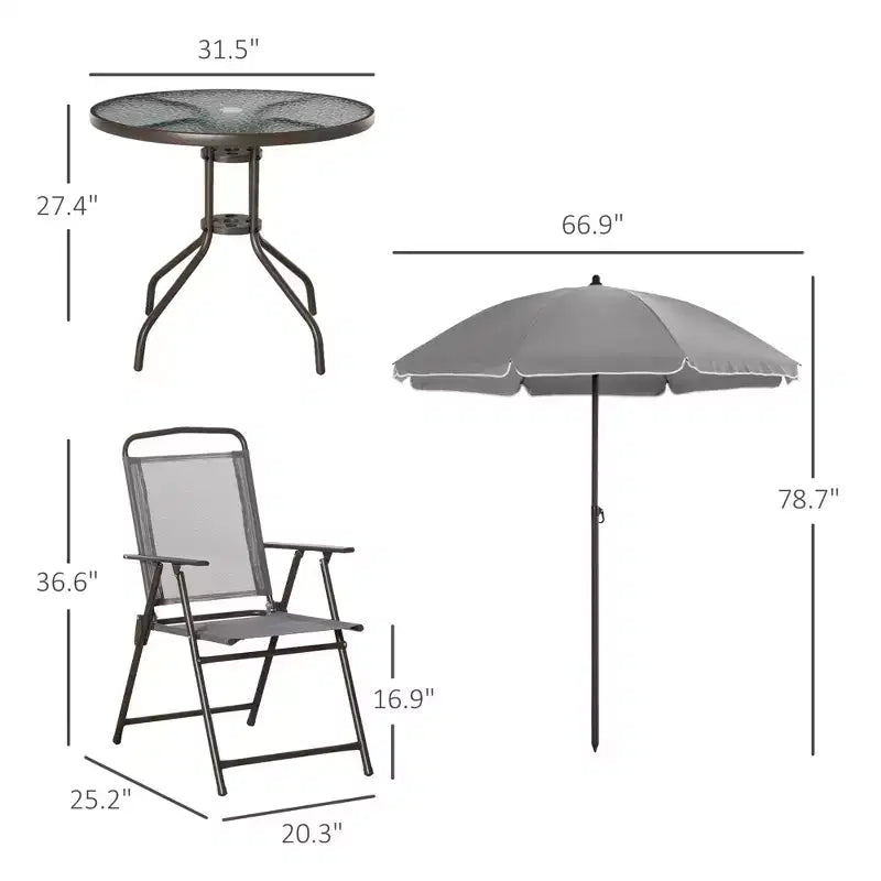 6-teiliges Terrassen-Essgruppen-Set für 4 Personen mit Sonnenschirm, inklusive 4 Klappstühlen & rundem Glastisch für den Garten