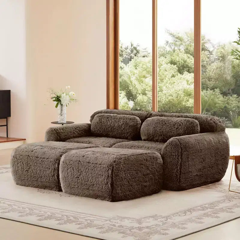 80,3-Zoll-Ecksofa aus hellbeigem Plüschstoff mit Zierkissen und 2 Hockern, 32D-Hochdichte-Schaumstoff