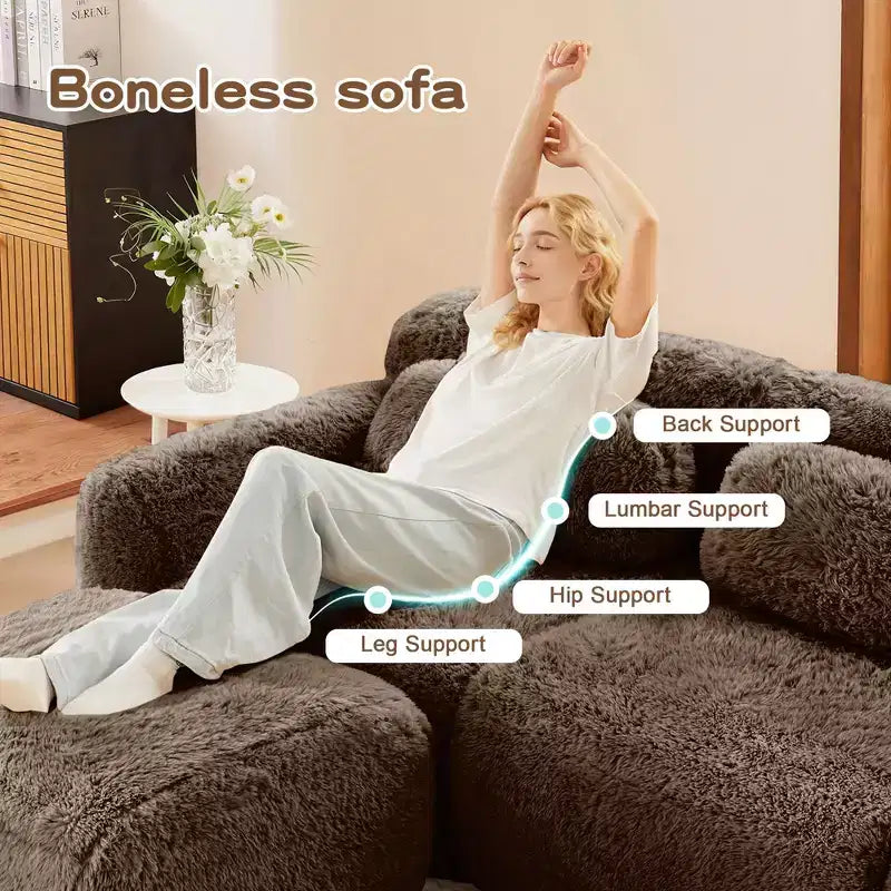 80,3-Zoll-Ecksofa aus hellbeigem Plüschstoff mit Zierkissen und 2 Hockern, 32D-Hochdichte-Schaumstoff