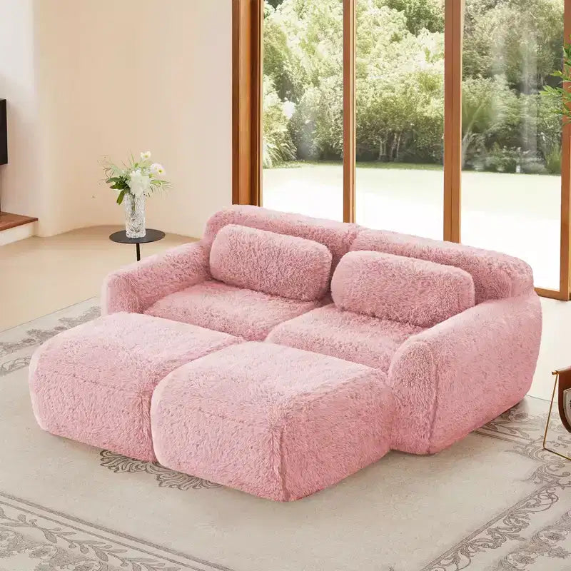 80,3-Zoll-Ecksofa aus hellbeigem Plüschstoff mit Zierkissen und 2 Hockern, 32D-Hochdichte-Schaumstoff