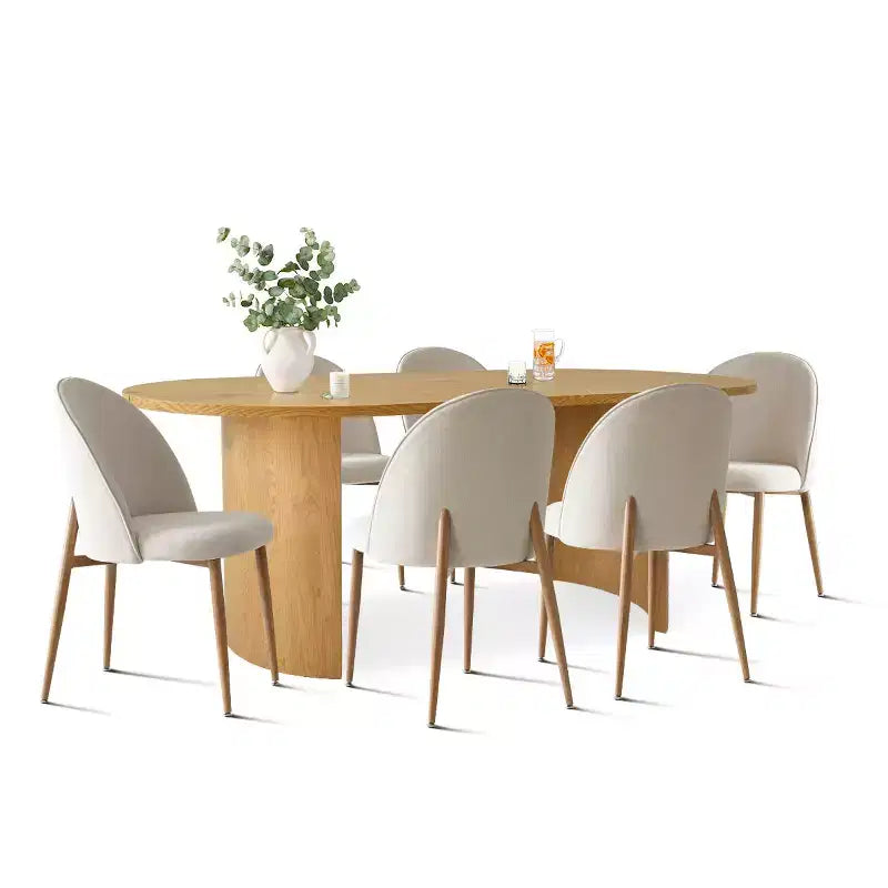 7-teiliges ovales Esszimmerset, 6 gepolsterte Stühle mit geschwungener Rückenlehne und 79-Zoll-Tisch in Holzoptik für die moderne Küche oder das Esszimmer – Panipeachy