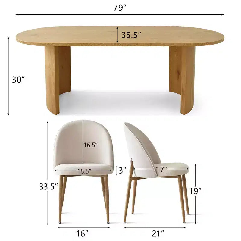 7-teiliges ovales Esszimmerset, 6 gepolsterte Stühle mit geschwungener Rückenlehne und 79-Zoll-Tisch in Holzoptik für die moderne Küche oder das Esszimmer – Panipeachy