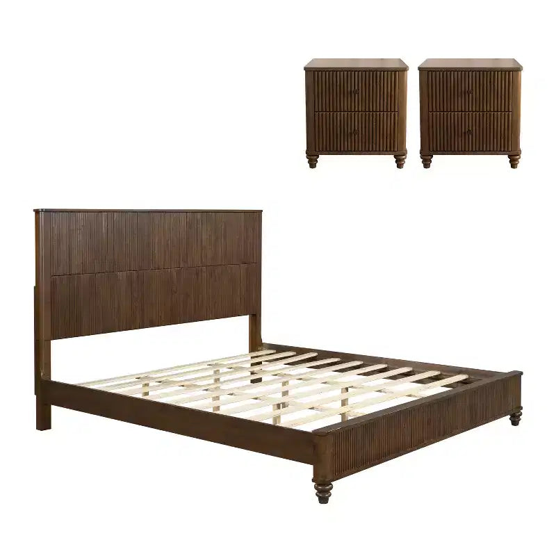 3-teiliges Schlafzimmer-Set, Bettrahmen für Queen/King-Size & 2 geriffelte Nachttische mit Schubladen - ModernLuxe