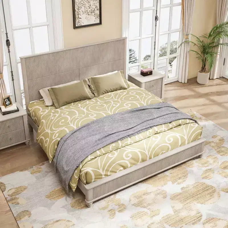 3-teiliges Schlafzimmer-Set, Bettrahmen für Queen/King-Size & 2 geriffelte Nachttische mit Schubladen - ModernLuxe