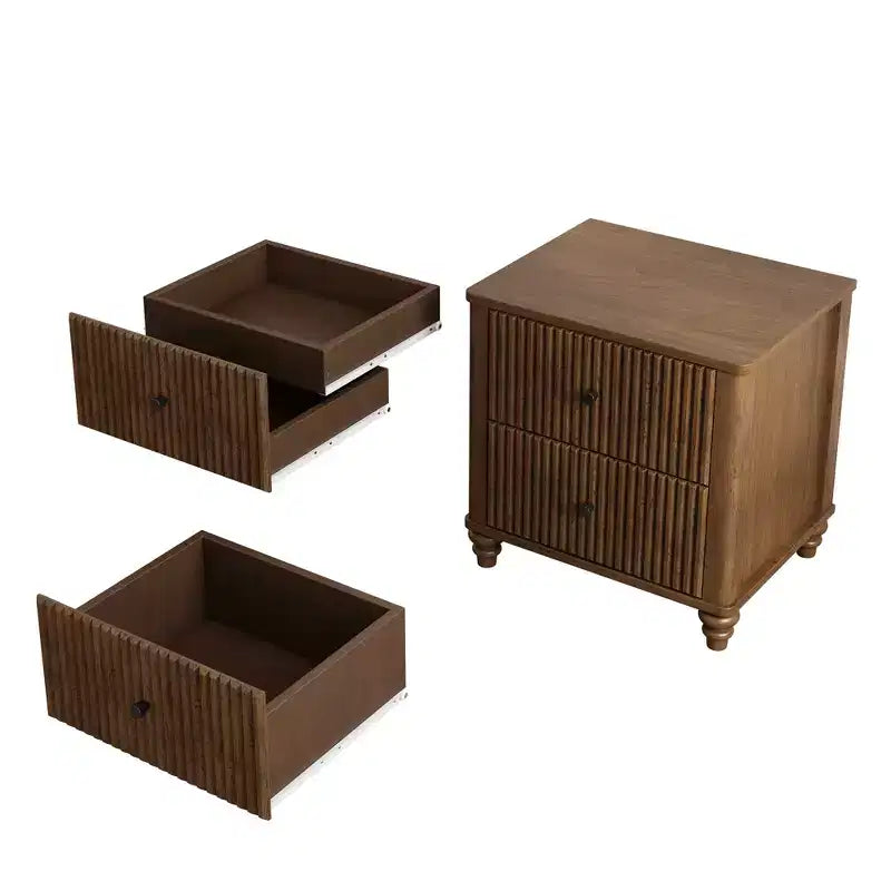 3-teiliges Schlafzimmer-Set, Bettrahmen für Queen/King-Size & 2 geriffelte Nachttische mit Schubladen - ModernLuxe