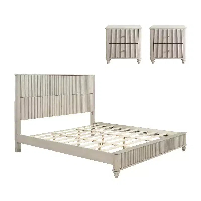 3-teiliges Schlafzimmer-Set, Bettrahmen für Queen/King-Size & 2 geriffelte Nachttische mit Schubladen - ModernLuxe