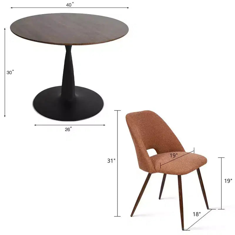 5-teiliges Esszimmerset für 4 Personen, runder Esstisch in Walnuss mit Metall-Sockelgestell + 4 gepolsterte armlehnlose Stühle für Esszimmer, Küche – Panipeachy