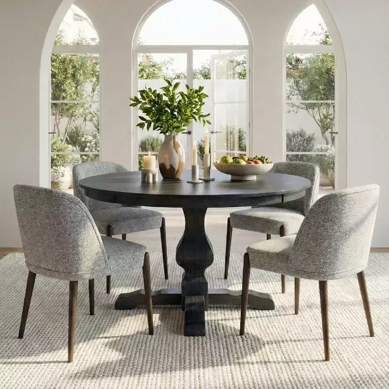 Modernes 5-teiliges Esszimmer-Set für 4 Personen, runder Tisch in Anthrazit mit 4 gepolsterten Esszimmerstühlen mit Holzbeinen für Esszimmer oder Landhausstil-Panipeachy