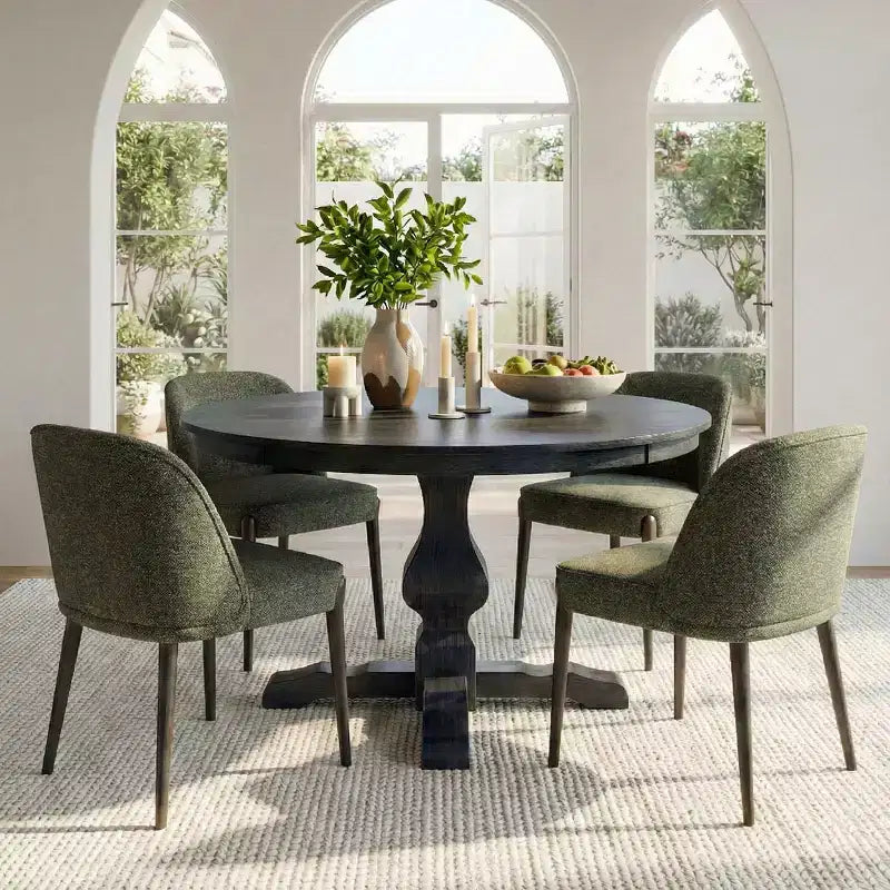 Modernes 5-teiliges Esszimmer-Set für 4 Personen, runder Tisch in Anthrazit mit 4 gepolsterten Esszimmerstühlen mit Holzbeinen für Esszimmer oder Landhausstil-Panipeachy