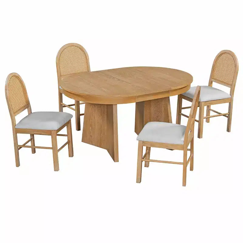 Runder Rattan-Esstisch-Set für 4 Personen, ausziehbarer Esstisch mit 4 gepolsterten Stühlen, Küchen-Tischset für kleine Räume, naturfarbenes Holz-Finish