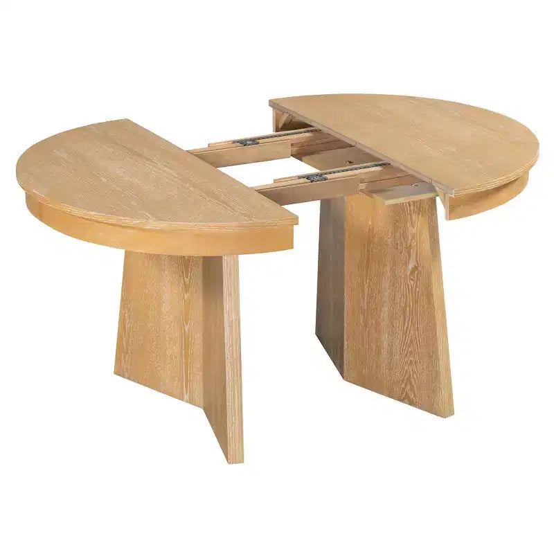 Runder Rattan-Esstisch-Set für 4 Personen, ausziehbarer Esstisch mit 4 gepolsterten Stühlen, Küchen-Tischset für kleine Räume, naturfarbenes Holz-Finish