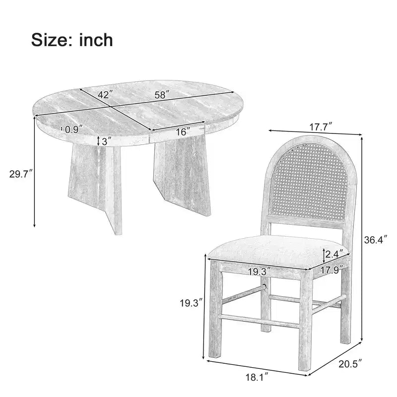 Runder Rattan-Esstisch-Set für 4 Personen, ausziehbarer Esstisch mit 4 gepolsterten Stühlen, Küchen-Tischset für kleine Räume, naturfarbenes Holz-Finish