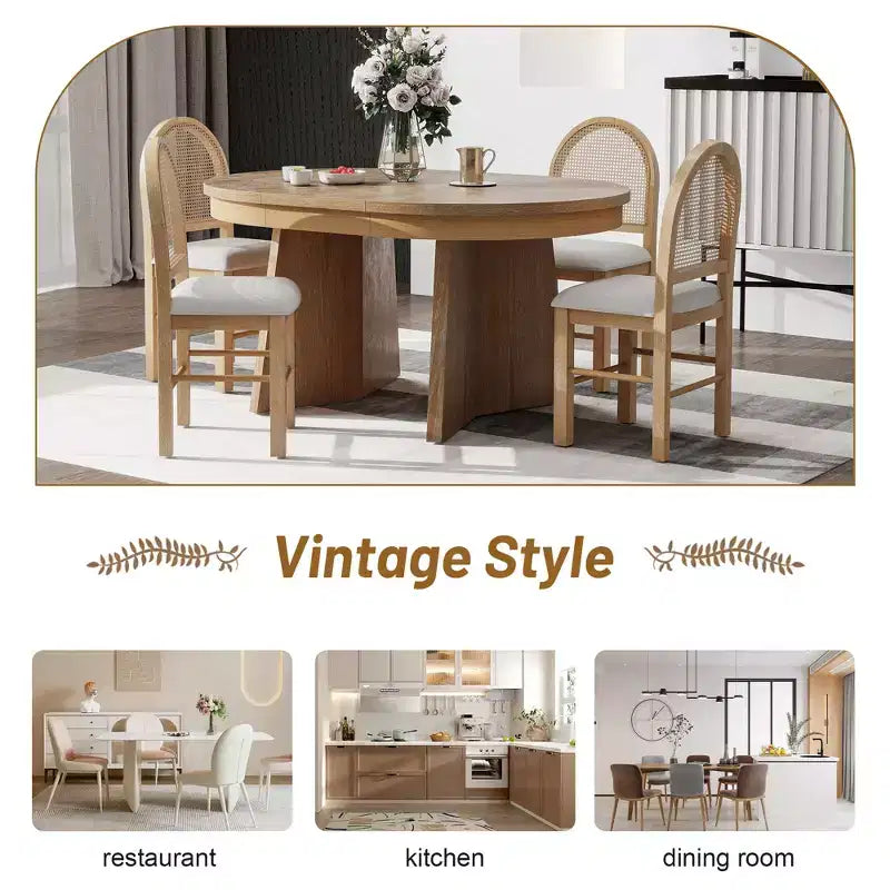 Runder Rattan-Esstisch-Set für 4 Personen, ausziehbarer Esstisch mit 4 gepolsterten Stühlen, Küchen-Tischset für kleine Räume, naturfarbenes Holz-Finish