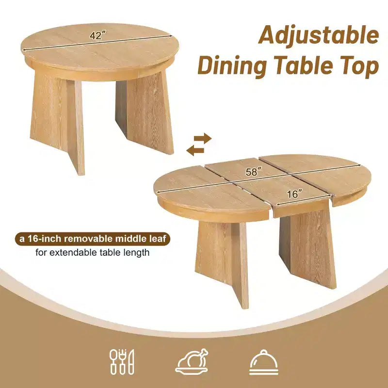 Runder Rattan-Esstisch-Set für 4 Personen, ausziehbarer Esstisch mit 4 gepolsterten Stühlen, Küchen-Tischset für kleine Räume, naturfarbenes Holz-Finish