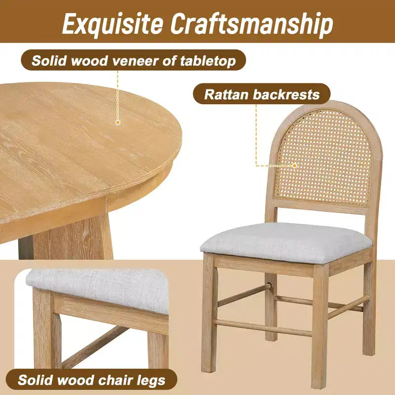 Runder Rattan-Esstisch-Set für 4 Personen, ausziehbarer Esstisch mit 4 gepolsterten Stühlen, Küchen-Tischset für kleine Räume, naturfarbenes Holz-Finish