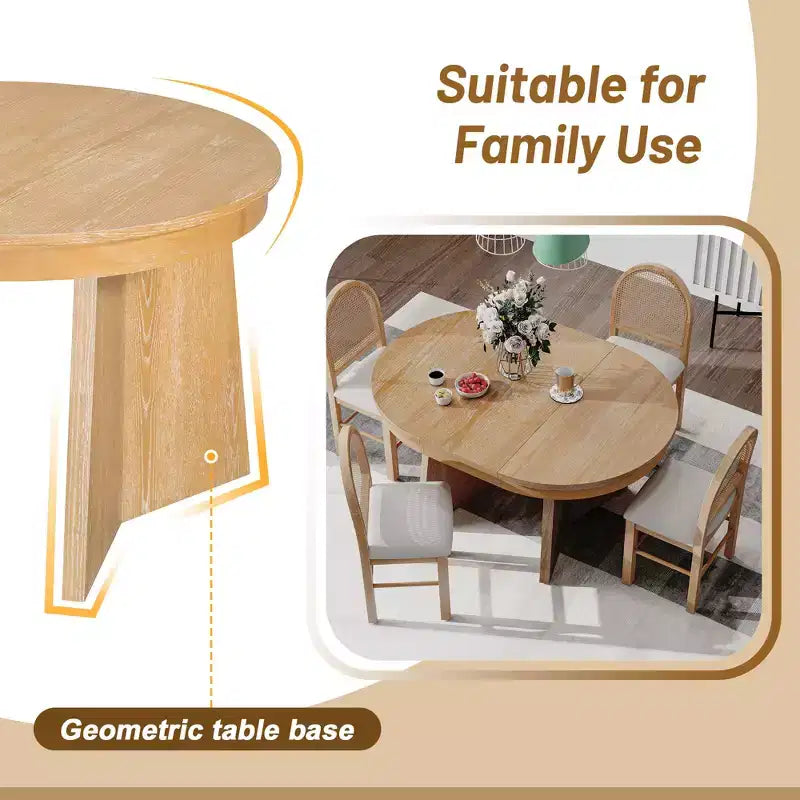 Runder Rattan-Esstisch-Set für 4 Personen, ausziehbarer Esstisch mit 4 gepolsterten Stühlen, Küchen-Tischset für kleine Räume, naturfarbenes Holz-Finish