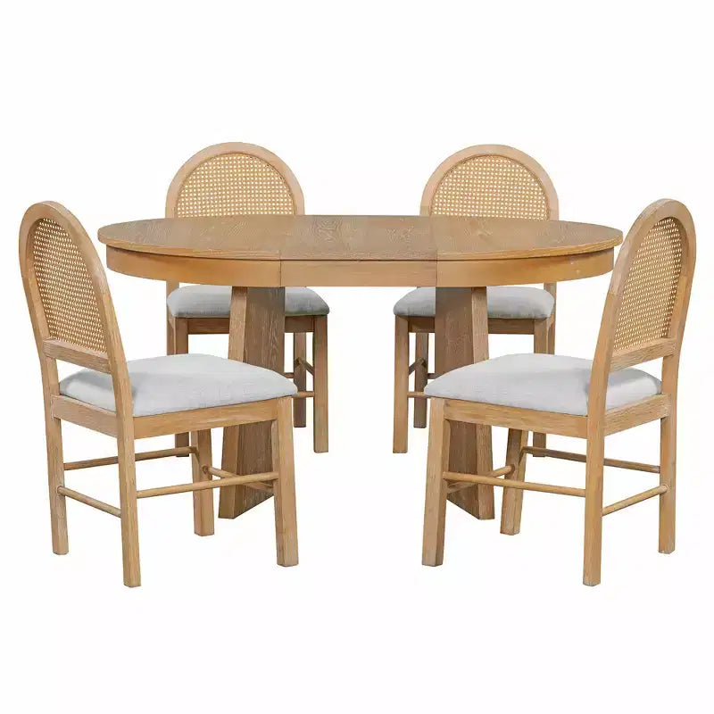 Runder Rattan-Esstisch-Set für 4 Personen, ausziehbarer Esstisch mit 4 gepolsterten Stühlen, Küchen-Tischset für kleine Räume, naturfarbenes Holz-Finish